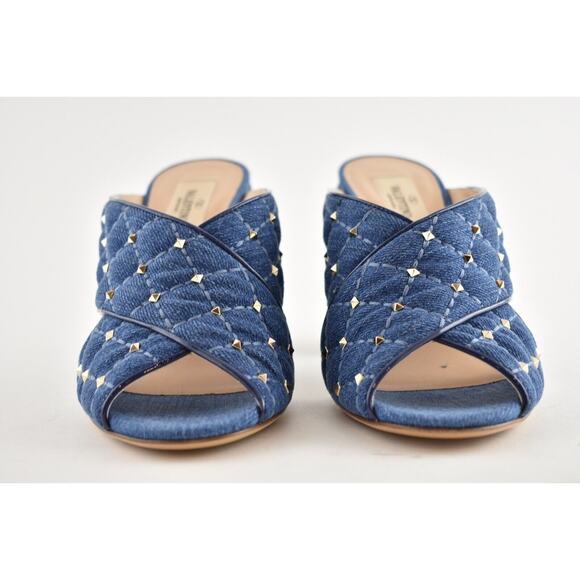 Valentino Rockstud Spike Denim Blue Mule Stud Backless Sandal Open Heel Pump 37 - Picture 6 of 12